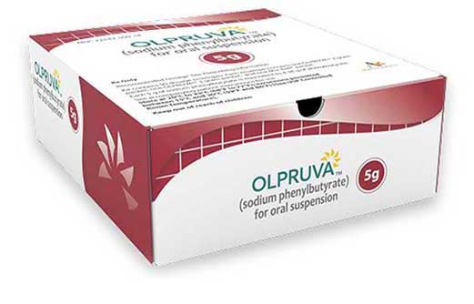 OLPRUVA 90-dose kit box closed, hiding individual premeasured dosing envelopes, highlighting convenient packaging.