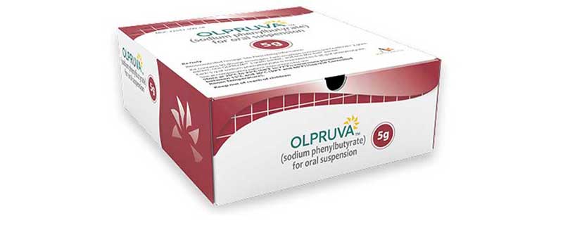 OLPRUVA 90-dose kit box closed, hiding individual premeasured dosing envelopes, highlighting convenient packaging.