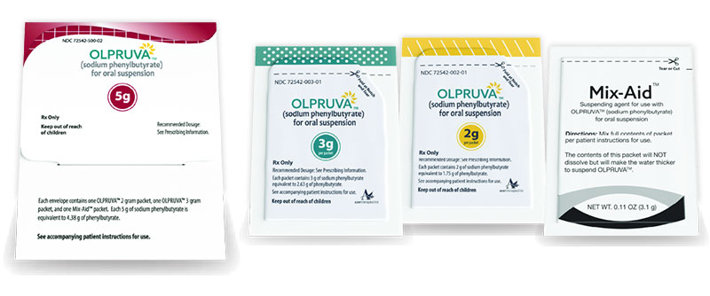 OLPRUVA and Mix-Aid packets featured to show individual, convenient packaging of what to expect in your kit.