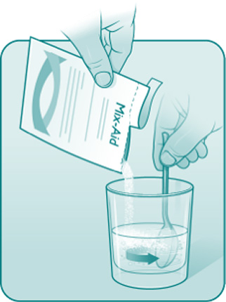 Illustration showing tearing open the Mix-Aid and mixing it with the water that was in the cup with a spoon.
