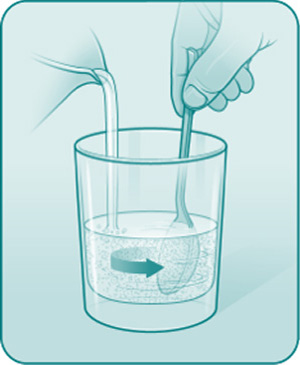 Illustration showing re-filling the cup with water and mixing the suspension to ensure you get all of your medicine.
