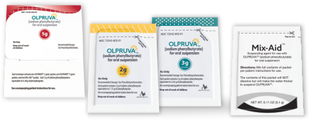OLPRUVA (sodium phenylbutyrate) 5g single-dose envelope, 2g premeasured packet, 3g premeasured packet, and Mix-Aid<sup>†</sup> packet